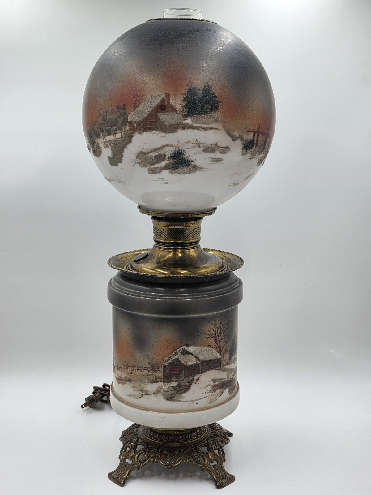 Antique Victorian 1890 Gone With The Wind Lamp Log Cabin Winter Snowy Scenery