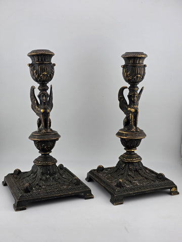 Ultra Rare 19th Century Egyptian Revival Gilt Bronze Sphinx Candlestick Holders