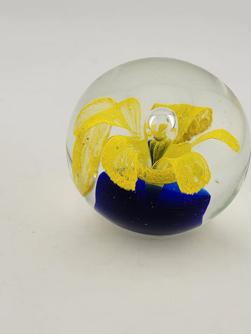 Vintage Art Glass Paperweight Yellow Flower Inside Cobalt Glass (2 1/2'')