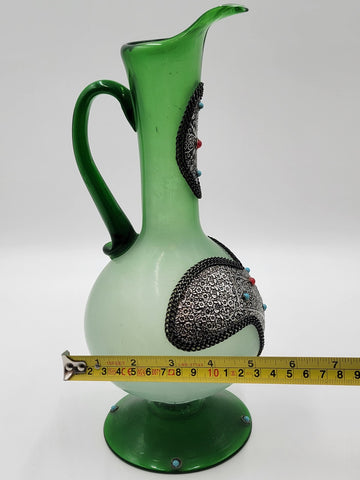 Gorgeous Vintage One Of A Kind Green Emerald Highly Ornate Pitcher & 5 Glasses