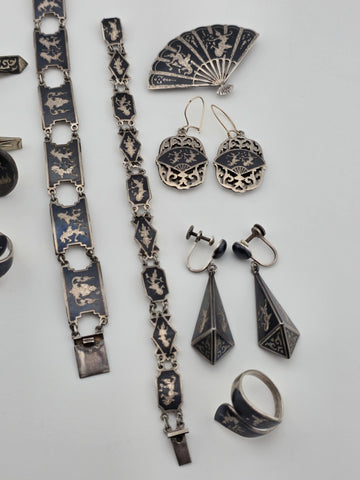 Rare Antique 1940s Siam Sterling Silver Niello Jewelry His And Hers Complete Set