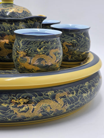 Chinese Qianlong Mark Porcelain Dragon Gongfu Tea Set Teapot 6 Cups Tray. New.