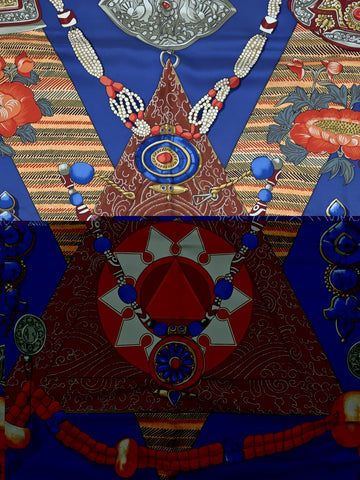 Hermès Silk Scarf 90 “Tibet” Cathy Latham Blue Red Gold Tibetan Jewelry Motif