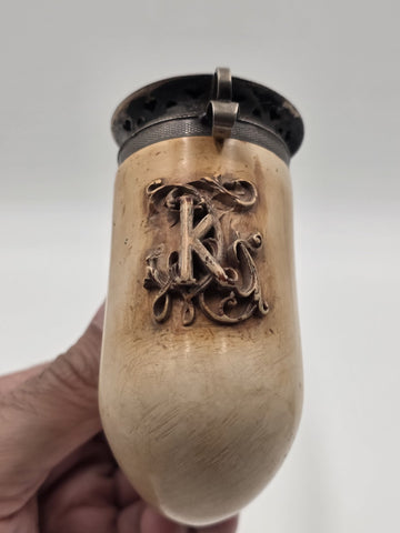 Antique Meerschaum Tobacco Pipe Long Amber Stem Silver Tone Wind Cap Monogram