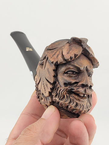 Vintage European Wood Block Pipe Hand Carved Bacco Baccus Greek Worrior Theme.