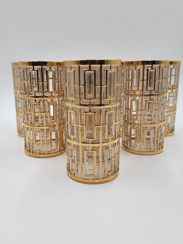 8 Vintage Mid Century Imperial Glass 22k Gold Shoji Trellis Highball Tumblers