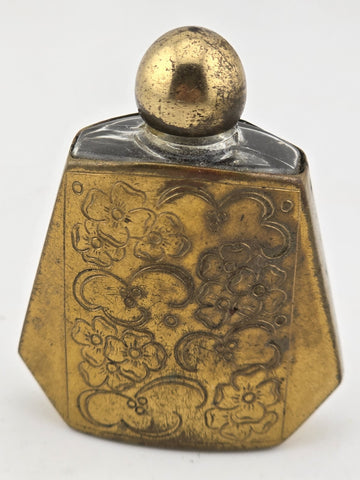Mid Century Miniature French  Perfume Bottle in Gold Tone with Engraved Flowers.