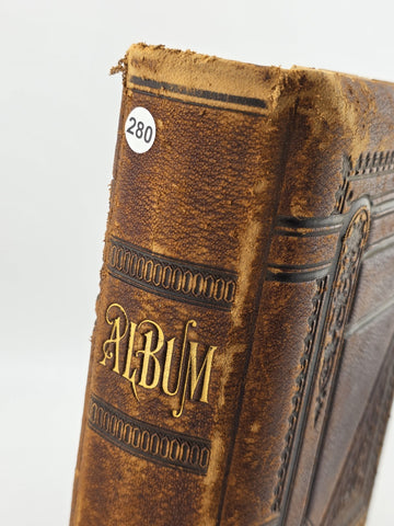 ANTIQUE 19TH C VICTORIAN BROWN CABINET TIN TYPE PHOTO FAMILY ALBUM. ALMOST FULL.