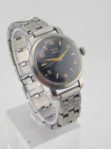 Vintage 1950 Zodiac Hermetic Swiss Black Dial Gilt Numerals Manual Watch. Works