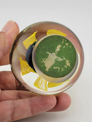 Vintage Art Glass Paperweight Yellow Flower Inside Cobalt Glass (2 1/2'')