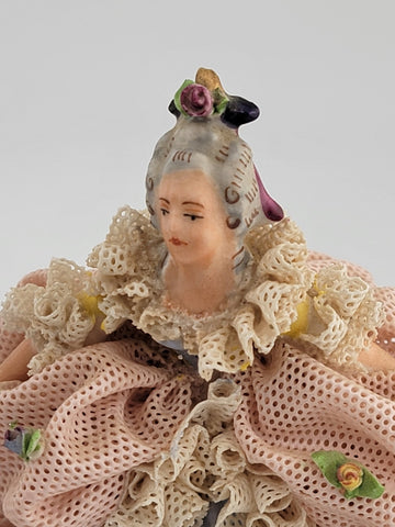 Set Of 2 Volkstedt Germany Dresden Lace Small Ballerina Pink Porcelain Figurines