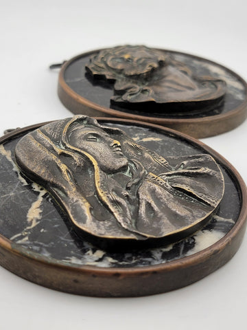 Rare One Of Kind Antique Jesus & Mary Wall Hanging Bronze & Green Marble Plaques