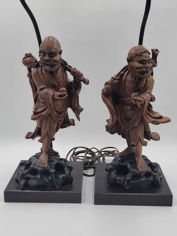 Pair Of Antique C 1910's Chinese Handcarved Boxwood Statues Made Into Lampshades