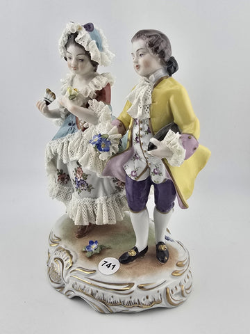 Vintage MCM Volkstedt Dresden Lace Porcelain Figurine GDR Courting Couple Rococo