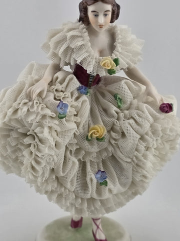 Antique Dresden Lace Porcelain Figurine Lady Dancer Flowers Germany MZ Crown 7”
