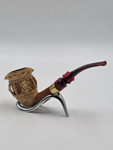 Antique C1920 Turkish Meerschaum Tobacco Pipe Hand Carved Figural Lucite Stem.