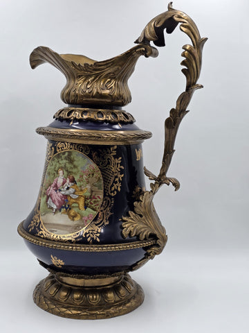 Antique French Cobalt Blue Porcelain &Brass Ewer Fragonard Scene Gilt Bronze 23"