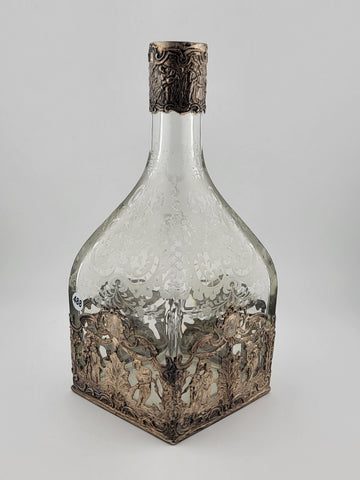 Rare 19th C German Hanau 800 Silver & Etched Crystal Stork & Sinsheimer Decanter