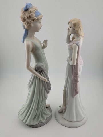 Beautiful Set Of 2 Vintage Porcelain Glazed Hair Women in White Dresses Figurine