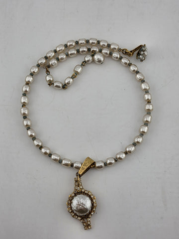 Vintage 1950's Miriam Haskell Glass Pearl Necklace/ Chocker Rhinestone Pendant