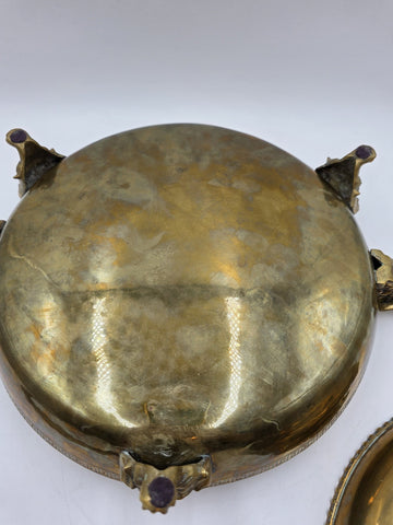 Antique Chinese Brass Dragon Handle Lidded Tureen Qing Hot Pot with Foo Dog Lid
