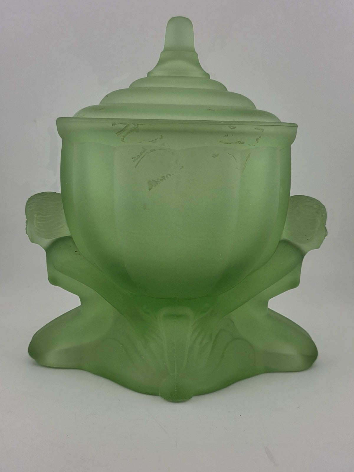 Vintage Art Deco Green Satin Glass Dolly Sisters Nymphs Powder Jar Candy Dish