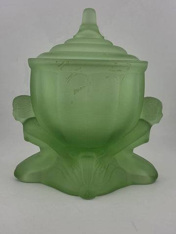 Vintage Art Deco Green Satin Glass Dolly Sisters Nymphs Powder Jar Candy Dish
