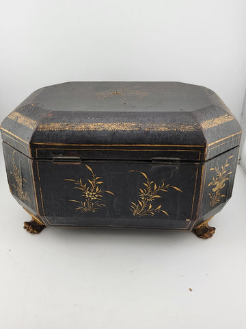 Rare 1800's Antique Chinese Gilt Lacquered Tea Caddy w/ Pewter Containers.