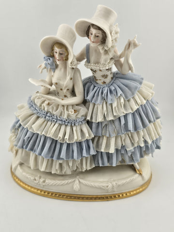 Antique Sitzendorf Dresden Lace Figurine 2 Victorian Ladies Germany Porcelain