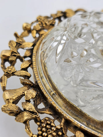 Antique Victorian Ormolu Cut Crystal Covered Vanity Dish W Floral Lid, C 1890.