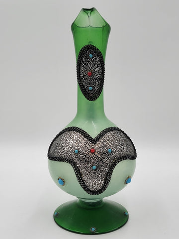 Gorgeous Vintage One Of A Kind Green Emerald Highly Ornate Pitcher & 5 Glasses