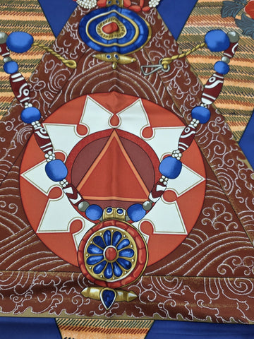 Hermès Silk Scarf 90 “Tibet” Cathy Latham Blue Red Gold Tibetan Jewelry Motif