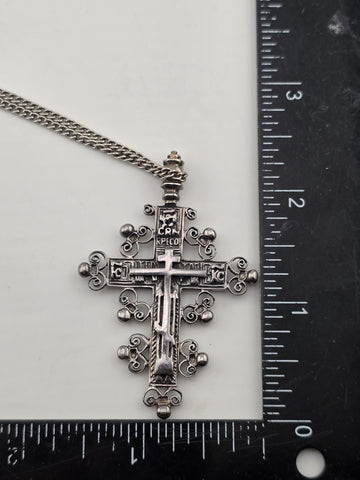 Vintage Russian Orthodox Sterling Silver Slavonic Cross Pendant & Avery Necklace