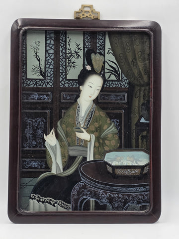 Antique Chinese Reverse Painted Glass Court Lady Portrait Hardwood Frame 14"