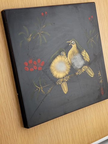 Japanese Wajimaya Lacquerware Asian Art Plaque Birds On Branch Painted Tile Vtg