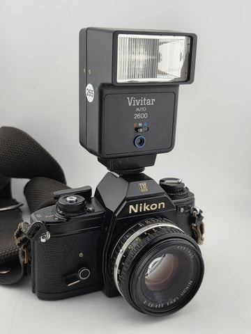 Vintage 70's Nikon EM 35mm Film Camera + 50mm f1.8 Lens + Vivitar Flash Untested