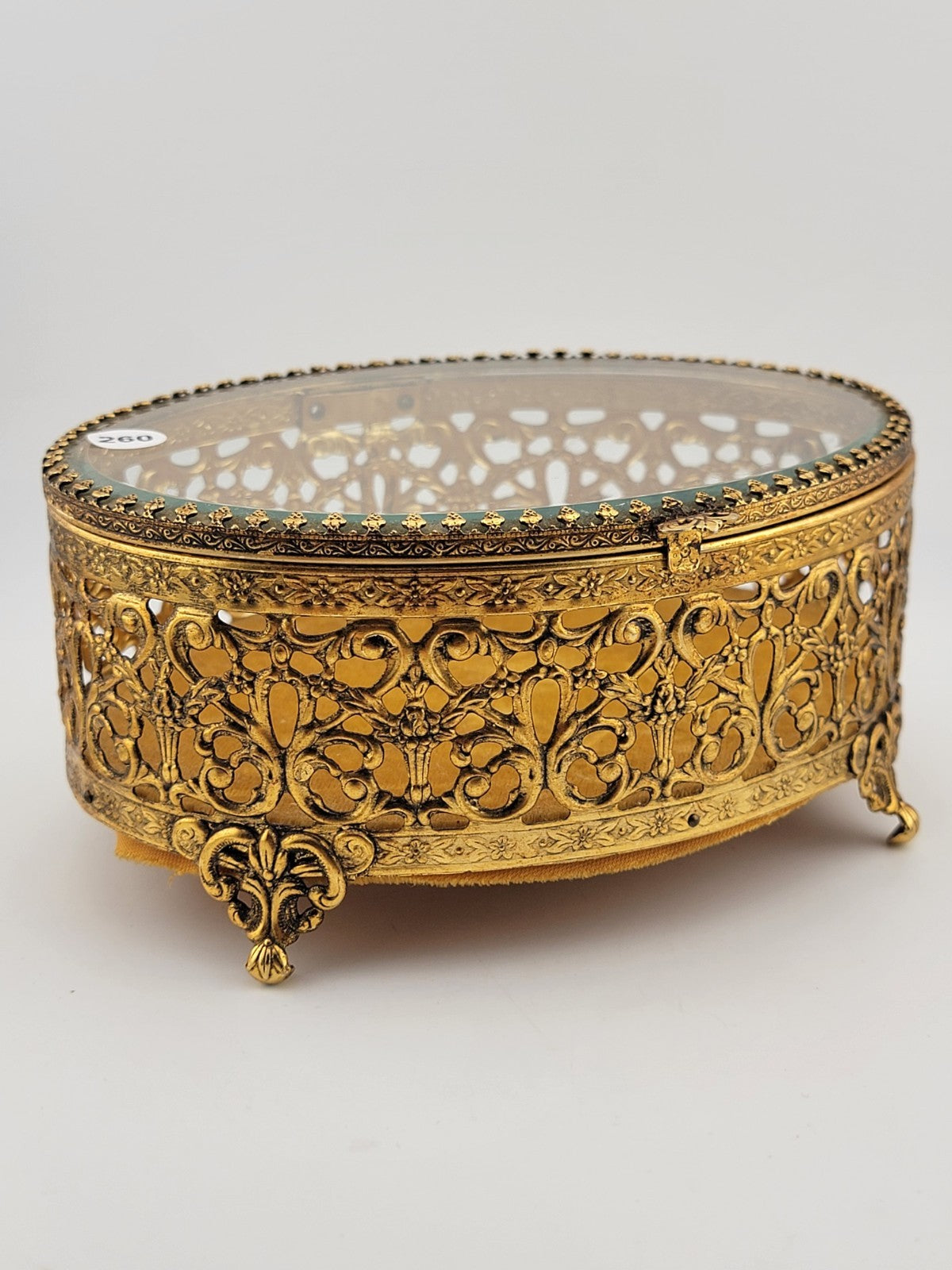 Vintage 1950s Hollywood Regency Ormolu Jewelry Casket Beveled Glass Filigree Box