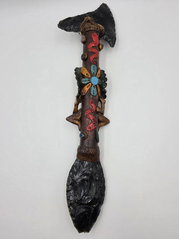 RARE VINTAGE Aztec Mayan Axe Spearhead Folk Art Sacrificial Obsidian Rain Stick