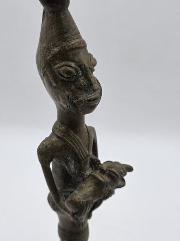 Vintage 1950's West African Bronze Ritual Staff Mother & Child Figural Sculpture