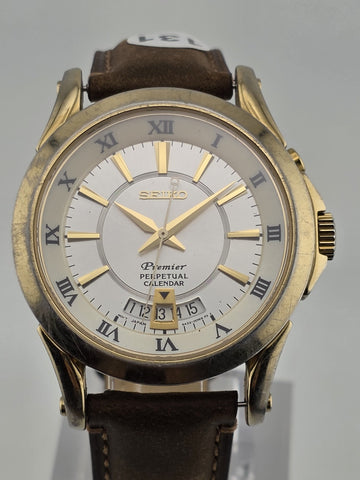 Vintage Seiko Premier SNQ118 Perpetual Calendar Brown Leather Band Mens Watch