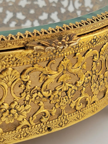 Vintage 1950s Hollywood Regency Ormolu Jewelry Casket Beveled Glass Filigree Box