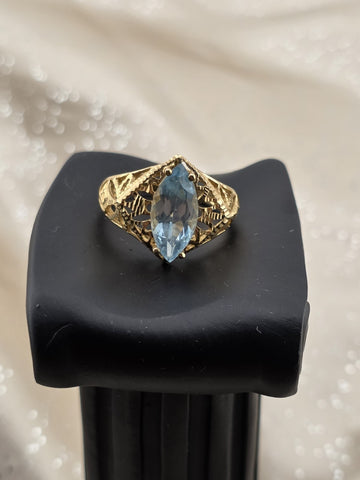 Antique 14K Solid Gold Blue Topaz Marquise Ring Filigree Estate Size 8 W Box.