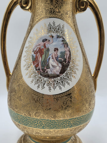 Pair Vintage Le Mieux 24 Karat Gold Handled Vases Victorian Scene Ladies Cherubs