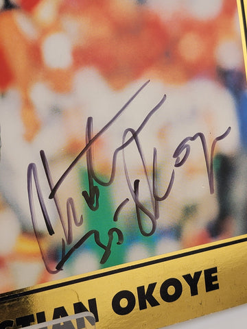 CHRISTIAN OKOYE, 8 x 10 Hand Signed KANSAS CITY CHIEFS Player Bio on Back