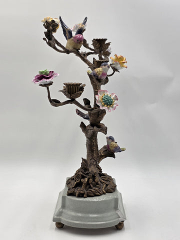 Vintage Celadon Cast Bronze Porcelain Birds Flowers Tree  Candle Holder Figurine