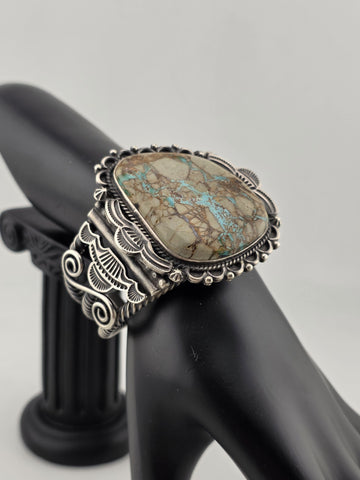 Huge Vintage Oscar Alexius Turquoise Sterling Silver Cuff Bracelet Navajo Signed