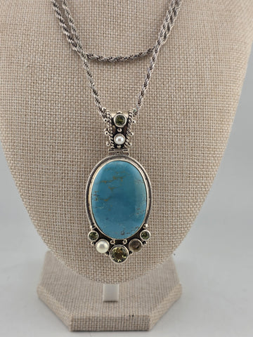 Vintage Large 925 Sterling Silver Turquoise Peridot Pearl Pendant Necklace. Read