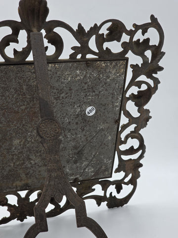 Antique Victorian Cast Iron Vanity Mirror Ornate Scrollwork Easel Frame C 1890.