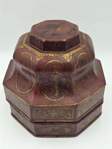 Early 19th C Chinese Qing Dynasty Red Lacquer Wedding Gift Basket Gilt Figures