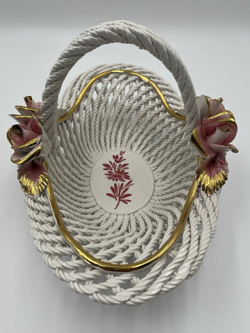 Vintage Capodimonte Italy Porcelain Woven Basket  With Pink Roses & Gold Details